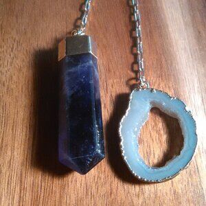 Agate and Amethyst Double Pendant Goldtone Necklace